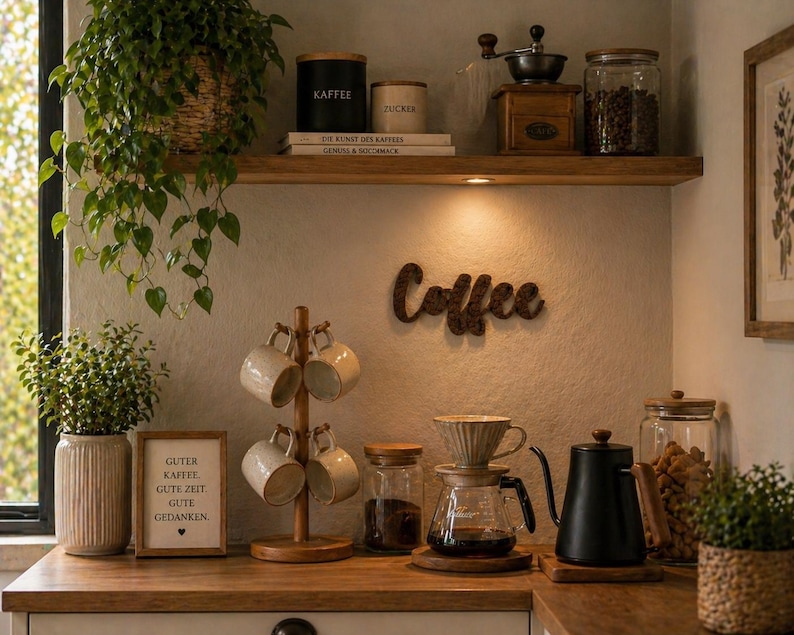 May include: A coffee station with a wooden shelf holding coffee-related items. Includes a coffee grinder, jars of beans, and a wooden sign that says "Coffee". A wooden mug tree holds six mugs. A coffee maker and kettle are on the counter.