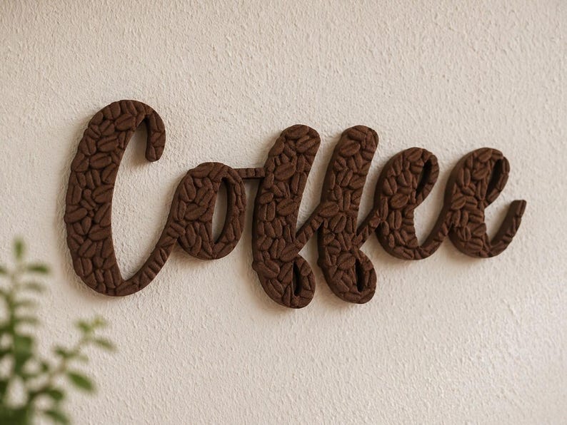 May include: A brown wooden sign spelling "Coffee" in a cursive font. The letters are filled with a pattern of coffee beans. The sign is mounted on a textured, off-white wall, with a hint of greenery in the lower left corner.