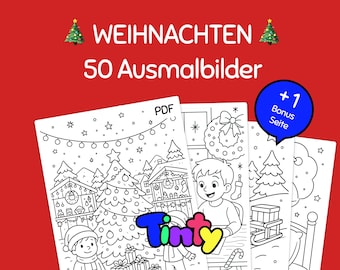 50 Christmas coloring pages + 1 bonus page | Christmas tree, reindeer, Christmas market, cookies | Printable children's coloring pages as PDF