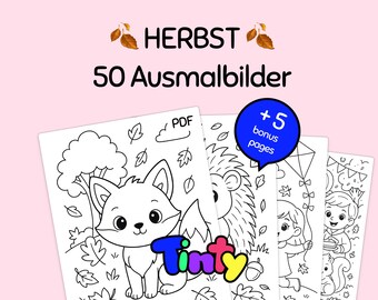 50 höstmålarbilder + 5 bonussidor | Pumpor, skogsdjur, drakflygning | Utskrivbara målarbilder för barn som PDF