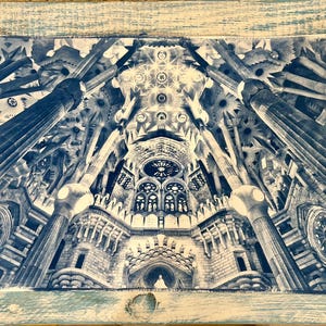 Cianotipo fatto a mano della Sagrada Familia, architetto Antoni Gaudí Barcellona, su carta 100% cotone da 300 g