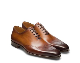 Herren Tan Leder Oxford Schuhe | Handgefertigte Flügelspitze Brogue Kleid Schuhe