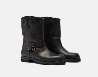 Handmade Black Leather Engineer Boots for Men| Mid Calf Biker Boots| Classic Motorcycle Boots| Rugged Buckle Strap Boots.