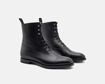 Men's Black Leather Cap Toe Lace-Up Boots | Handmade Military Style Ankle Dress Shoes