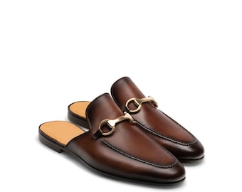 Brązowe skórzane mokasyny męskie typu mule | Ręcznie robione, wsuwane buty z odkrytym tyłem | Mokasyny z wędzidłem | Luksusowe, codzienne klapki | Wygodne męskie baleriny