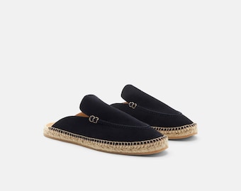 Men’s Navy Blue Suede Espadrille Mules | Slip-On Summer Loafers | Handmade Casual Beach Shoes | Lightweight Comfort Flats
