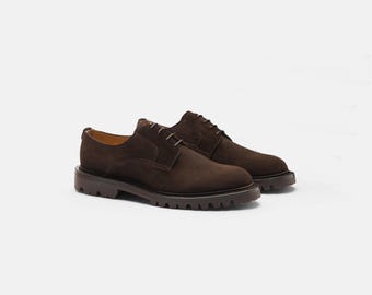 Zapatos Derby de cuero marrón para hombre / Suela resistente, estilo vintage con cordones
