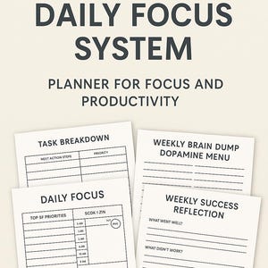 Könnte beinhalten: Ein Planer mit dem Titel "The ADHD Daily Focus System" mit Abschnitten für Aufgabenaufschlüsselung, tägliche Konzentration, wöchentliches Brainstorming und Erfolgsreflexion. Der Planer ist für Fokus und Produktivität konzipiert.