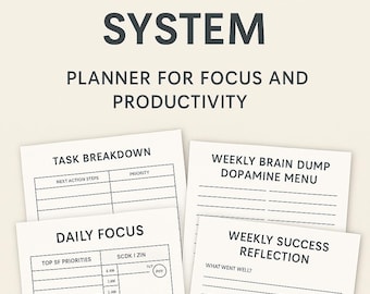 Planificador diario para el TDAH / Sistema de enfoque digital imprimible para adultos neurodivergentes / Desglose de tareas / Menú de dopamina / PDF