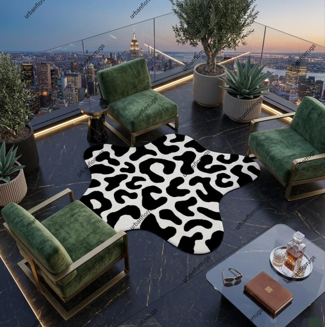 Modern Abstract Cow Print Rug, Irregular Shape Black White Area Rug ...