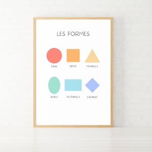 Poster zum Erlernen grundlegender Pastellformen, auf Französisch, pädagogisches und dekoratives Poster für das Schlafzimmer, DIGITALER DOWNLOAD