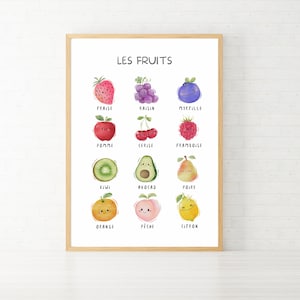 Poster zum Lernen von Früchten, auf Französisch, pädagogisches und dekoratives Poster für Schlafzimmer, Klassenzimmer, DIGITALER DOWNLOAD