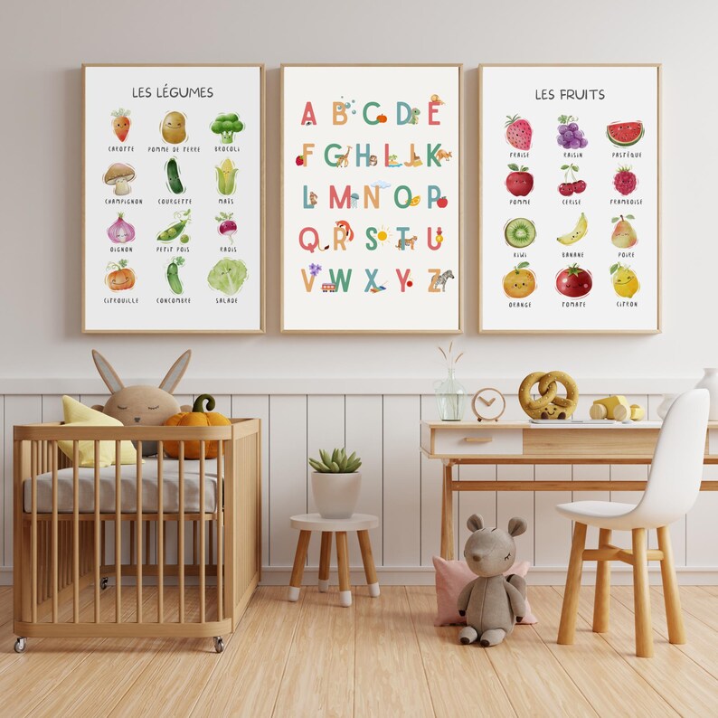 Abécédaire illustré en français – Affiche à imprimer ou envoi | Lettres + correspondances objets & animaux | Poster éducatif Montessori