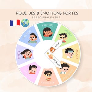 Peut inclure: Une roue colorée illustrant huit émotions fortes, avec des personnages de dessins animés représentant chaque sentiment. Le texte "ROUE DES 8 ÉMOTIONS FORTES" et "PERSONNALISABLE" sont affichés. La roue comprend les noms des émotions en français.