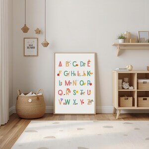 Abécédaire illustré en français – Affiche à imprimer ou envoi | Lettres + correspondances objets & animaux | Poster éducatif Montessori