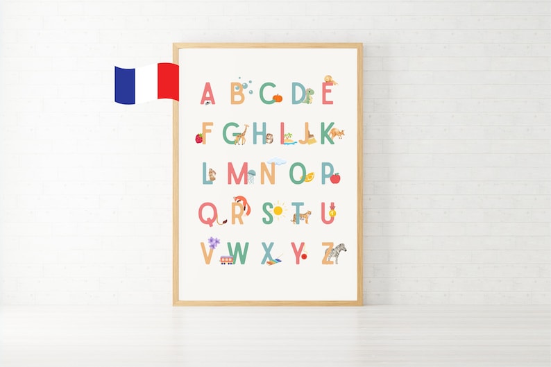Abécédaire illustré en français – Affiche à imprimer ou envoi | Lettres + correspondances objets & animaux | Poster éducatif Montessori