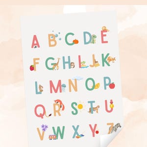 Abécédaire illustré en français – Affiche alphabet à imprimer | Lettres + correspondances objets & animaux | Poster éducatif Montessori