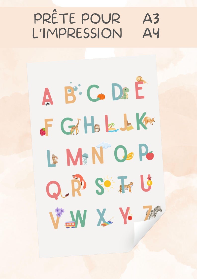 Abécédaire illustré en français – Affiche alphabet à imprimer | Lettres + correspondances objets & animaux | Poster éducatif Montessori