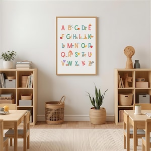 Abécédaire illustré en français – Affiche à imprimer ou envoi | Lettres + correspondances objets & animaux | Poster éducatif Montessori