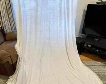 VTG MCM katoenen chenille sprei gebroken wit Popcorn Star @ 114 x 85" met franjes