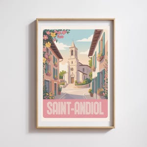 Poster di Saint-Andiol – Illustrazione colorata del villaggio provenzale e della sua chiesa, atmosfera floreale retrò