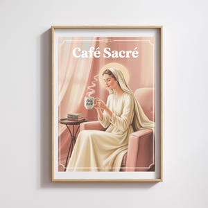 Poster del caffè sacro – Illustrazione pop divina e retrò – Ispirazione moderna alla Vergine Maria