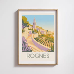 Manifesto di Rognes – Villaggio provenzale in pietra e vigneti, illustrazione decorativa colorata in stile vintage