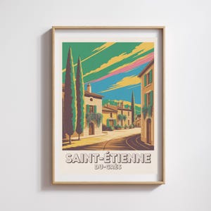 Manifesto di Saint-Étienne-du-Grès – Illustrazione colorata del villaggio provenzale ai piedi delle Alpilles, decorazione murale retrò chic