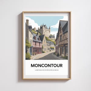 Cartaz Moncontour – Ilustração da cidade medieval da Bretanha – Cartaz vintage de casa e castelo em enxaimel
