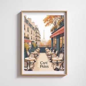 Poster del Café de Paris - Terrazza parigina con la Torre Eiffel - Poster con atmosfera da bistrot romantico - Decorazione murale vintage