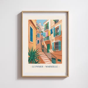 Manifesto Le Panier – Marsiglia – Manifesto decorativo mediterraneo – Illustrazione vintage di un vicolo colorato