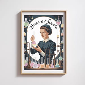 Poster di Scienza Sacra – Ritratto di Marie Curie Vintage Retro – Illustrazione di una scienziata