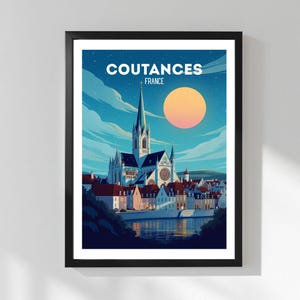 Plakat Coutances – plakat z Normandii w stylu vintage, kolorowa ilustracja katedry pod nocnym niebem