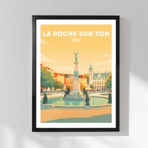 Plakat La Roche-sur-Yon – zabytkowy francuski plakat, kolorowa ilustracja przedstawiająca plac Napoleona i jego fontannę