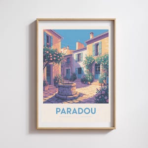 Manifesto Paradou – Illustrazione d'epoca di un villaggio provenzale fiorito, decorazione murale colorata nelle Alpilles