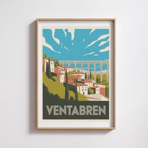 Affiche Ventabren – Village perché et aqueduc romain, illustration colorée style vintage Provence