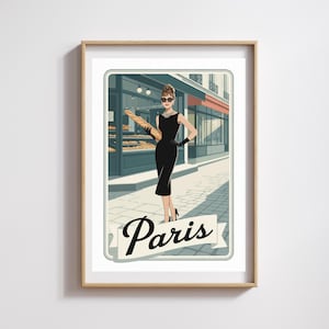 Poster vintage chic di Parigi – Donna elegante con baguette – Stile retrò Audrey Hepburn