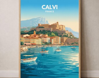 Póster de viaje de Calvi, Córcega | Arte mural costero de la playa del puerto de la ciudadela | Decoración del hogar
