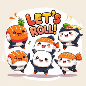 Kawaii Sushi “Let’s Roll!” T-Shirt Design – Cute Japanese Food Graphic, Chibi Sushi Clipart for Sublimation & Printing