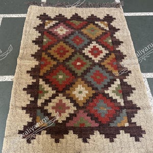 Handwoven Wool Jute Kilim Runner Rug: Traditional Indian Design