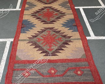 Handwoven Wool Jute Kilim Runner Rug: Bohemian Hallway Decor