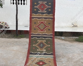 Handmade Wool Jute Kilim Runner Rug Kilim Area Rug Flatweave Navajo Rug Handwoven Large Rug Bohemian Rug Living Room Rug Outdoor Decorative
