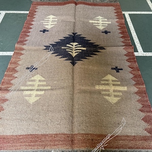 Vintage Wool Jute Kilim Rug,Handmade Wool Kilim Rug,Large Kilim Rug Indian Dhurrie Rug MULTICOLOR Wool Jute Kilim Rug, Kilim Area Rug,