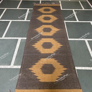 Handwoven Wool Jute Kilim Runner Rug: Oriental Geometric Design