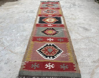 Handwoven Kilim Runner Rug – Geometric Jute Wool Stair Hallway Entryway Home Decor