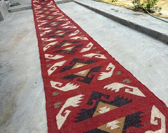Handwoven Wool Jute Kilim Runner Rug: Zebra Pattern, Boho Tribal Flatweave Carpet