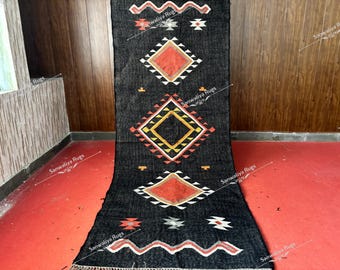 Stair Runner - Black Kilim Runner Rug – Vintage Wool Jute Hallway Entry Carpet, Rugs