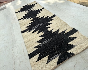 Handloomed Hemp Jute Rug Off-White with Black Design, Boho Hallway Decor Hemp Jute Runner, Custom Size Hemp Carpet, Thanksgiving Gift