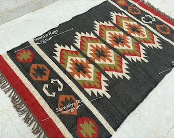 Tapete Kilim de juta e lã tecido à mão: Dhurrie indiano, tamanho personalizado