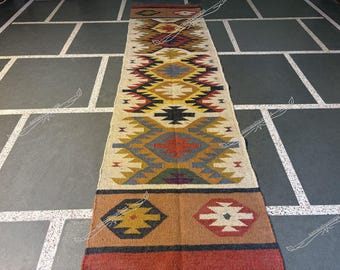 Alfombra Kilim tejida a mano – Alfombra geométrica de yute y lana para pasillo, escalera y entrada de estilo suroeste.